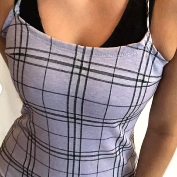 Purple Lavender Plaid Mini Stretchy Adjustable Straps Dress - Picture 2 of 9